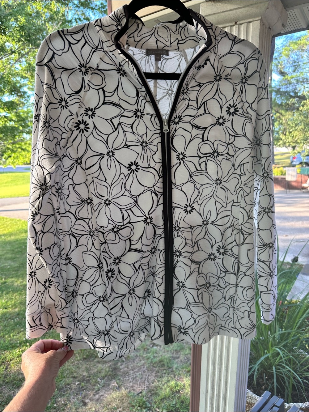 Talbots White Floral Zip-Front Jacket with Black Trim